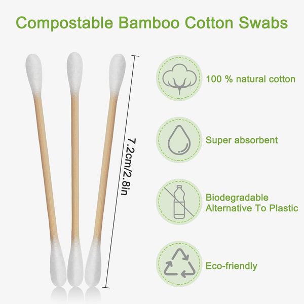800 Count Bamboo Cotton Swabs - Natural Organic Cotton Buds with Double Tips, Hypoallergenic, Biodegradable Swabs for Ear Cleaning, Beauty &