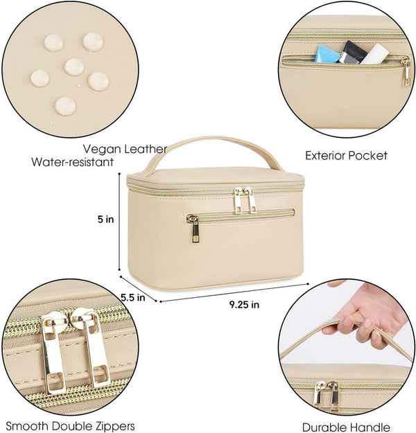 Wandering Nature Makeup Bag, Travel Make up Organizer Cosmetic Brush Bags Case for Women in Vegan Leather, Beige,Patent Pending