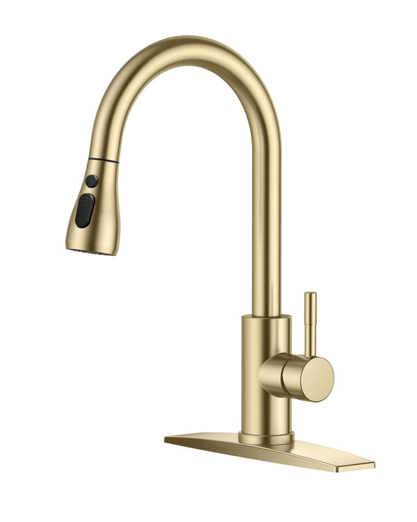 FORIOUS Gold Kitchen Faucet with Pull Down Sprayer, High Arc Single Handle Classic Stainless Steel Sink Faucet 1 or 3 Hole, Suitable for Farmhouse