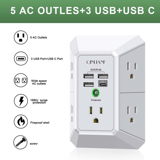 Wall Charger, Surge Protector, QINLIANF 5 Outlet Extender with 4 USB Charging Ports (4.8A Total) 3-Sided 1680J Power Str