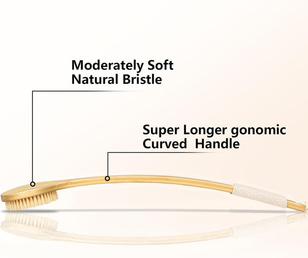 Body Brush Back Scrubber,18.7 Inch Long Handle Detachable Body Brush with Dual Brushing Heads for Dry Brushing Shower, Bamboo Medium Firm Bristle