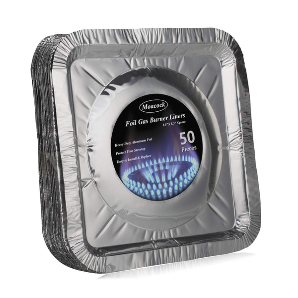 MOACOCK 50 Pack Aluminum Foil Square Stove Burner Covers Disposable Heavy Thick Quality Bib Liners Drip Pans Gas Range Top Protectors 8.5” 1