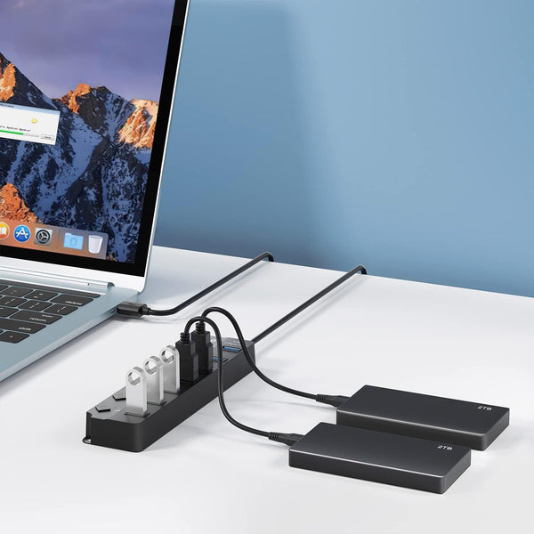 USB Hub 7 Port, USB Splitter with Individual On/Off Switches and Lights. Black