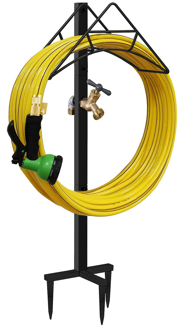 Outdoor Hose Holder Stand with Brass Spigot Faucet - Freestanding Metal Water Pipe Extension Hanger Stake Heavy Duty Sto