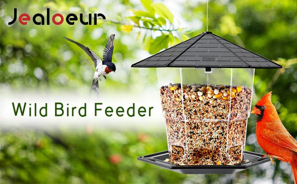 Jealoeur Bird Feeders for Outdoors Hanging Bird Feeder Wild Birds Seed, Black 1 Black
