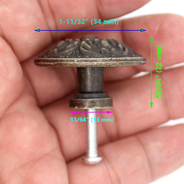 LXZ 6 PCs Vintage Antique Brass Knobs Handles Pulls with Flower Pattern for Cabinet Drawer Door, Diameter 1.3" (3.4 cm) Large