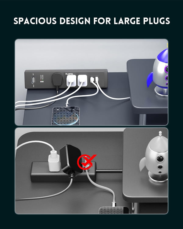 PLUGTUL Desk Clamp Power Strip 6FT, Outlet Station with 3 Outlets, PD 20W Fast Charging, Flat Plug, 14 Gauge, 980J Surge Protector, Black Power