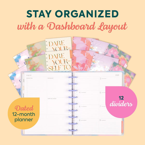 Happy Planner Disc-Bound Planner July 2026–June 2027, Classic Size | Includes 3 extra months and 2 sticker sheets, 7" x 9.25", Dashboard Layout,