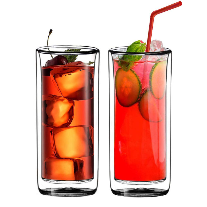 Sun's Tea (Set of 2) 20oz (600ml) Ultra Clear Strong Double Wall Insulated Thermo Glass Tumbler V3 Highball Glass for Beer/cocktail/lemonade/iced