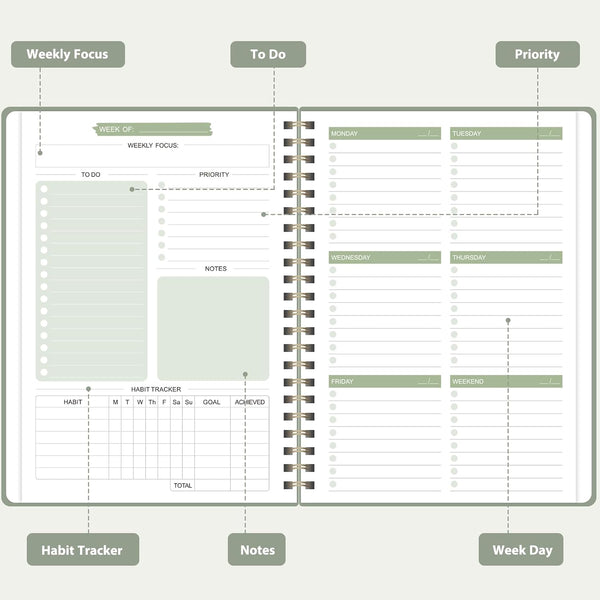 Undated Weekly Planner, Weekly to Do List Notebook with Goal, Organizer & Habit Tracker, A5 Daily Planner with Spiral Binding, Ideal for Office