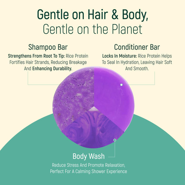 Solid Rice Protein Shampoo, Conditioner and Body Wash Bundle | Shampoo, Conditioner & Wash Bars for Hair and Body W/All Natural Plant Based