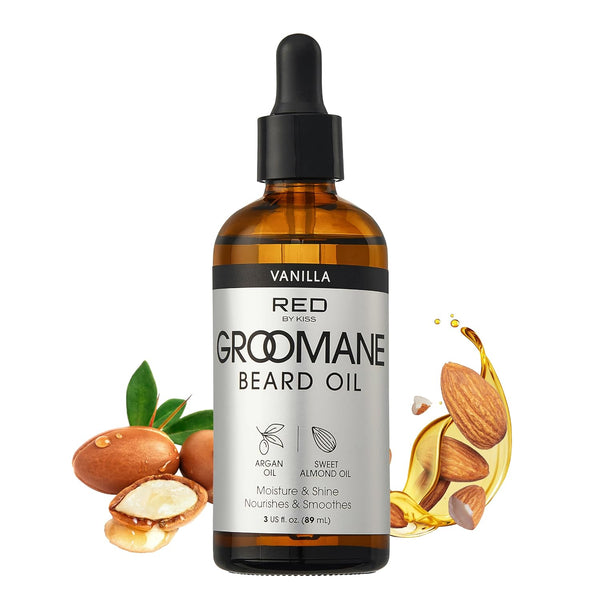 Red by Kiss Groomane Beard Oil, Argan Oil & Sweet Almond Oil, Paraben & Phthalate-Free, Hydrates, Softens Healthy Smooth Beard Hair (3 Fl.Oz, Vanilla)