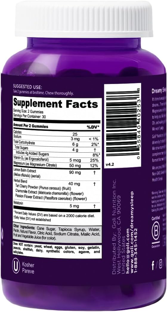 Goli Dreamy Sleep Gummy - 60 Count - Melatonin, Vitamin D, Magnesium, and Lemon Balm Extract - Gelatin-Free, Gluten-Free, Vegan & Non-GMO 5mg