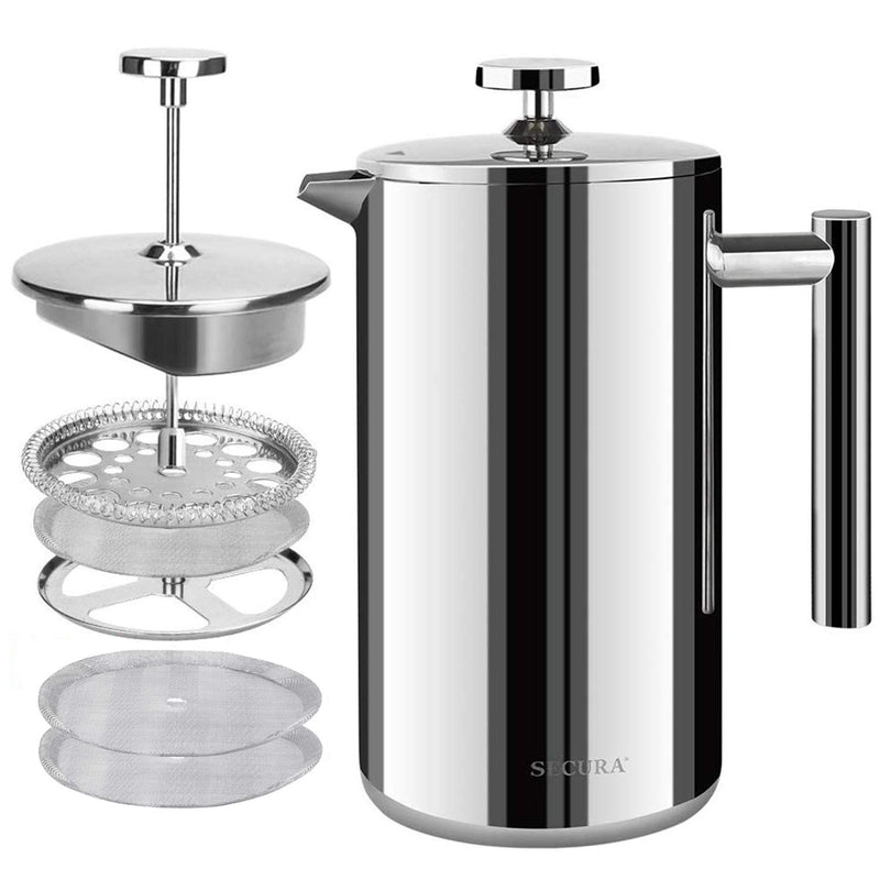 Secura French Press Coffee Maker, 304 Grade Stainless Steel Insulated Coffee Press with 2 Extra Screens, 50oz (1.5 Litre), Silver Silver 50 oz