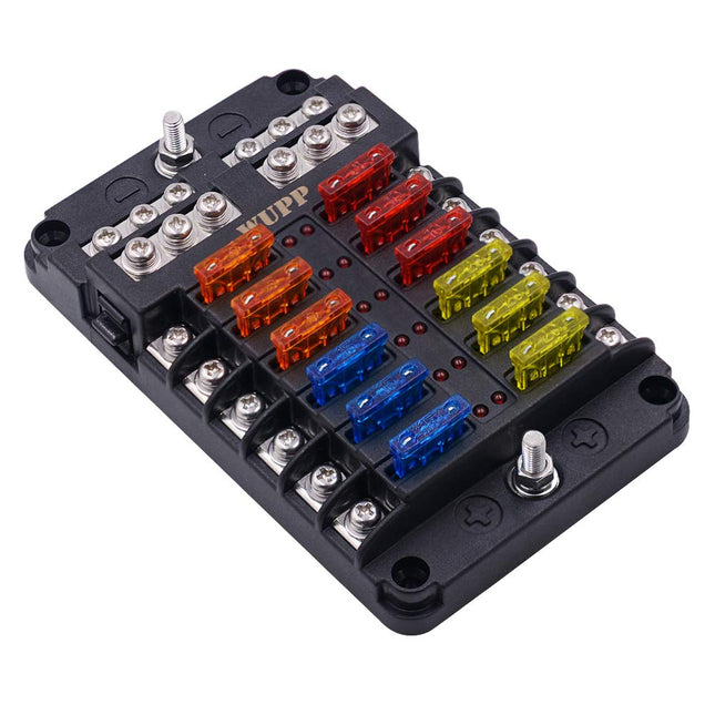 WUPP Boat Marine Fuse Block Panel with LED Warning Indicator Damp-Proof Cover - 12 Circuits with Negative Bus Fuse Box H