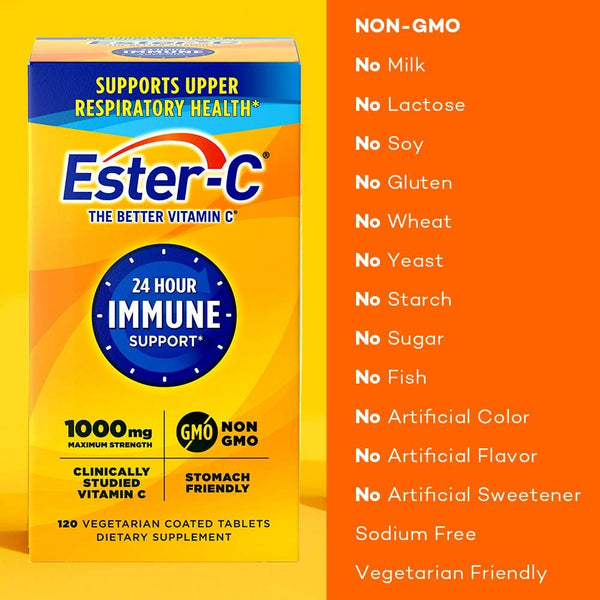 Ester-C Vitamin C 1000 mg Coated Tablets, Immune System Booster, Stomach-Friendly Supplement, 120 Count 120 Count (Pack of 1)