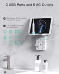 Wall Outlet Extender with Surge Protector, 6 AC Outlets, with Shelf 3 USB White
