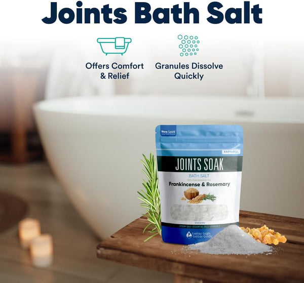 Joints Soak Bath Salt 32 Ounces Epsom Salt with Natural Rosemary, Frankincense and Peppermint Essential Oils Plus Vitamin C in BPA Free Pouch with