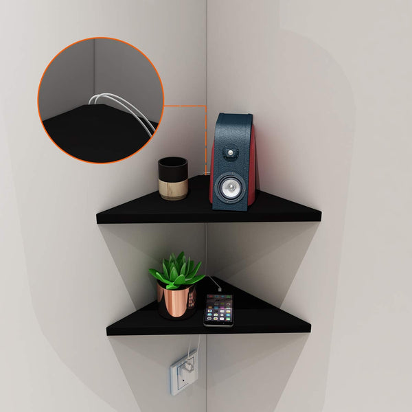 evron Corner Mounting Shelf Set of 2 – Easy to Install Floating Wall Shelves with Wood Grain Finish, Durable and Waterproof ABS Plastic for