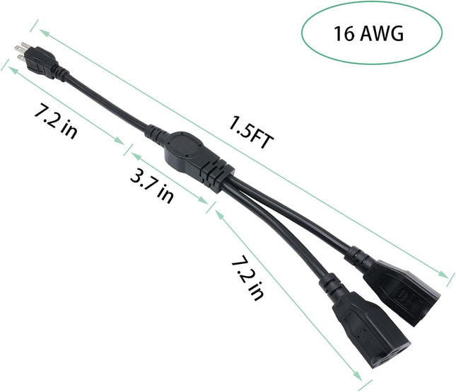 1.5 FT Extension Cord Splitter 1 to 2, 3 Prong Indoor Power Outlet Splitter, 16AWG Cable Wire Extender Space Saver for Halloween Lights, Christmas