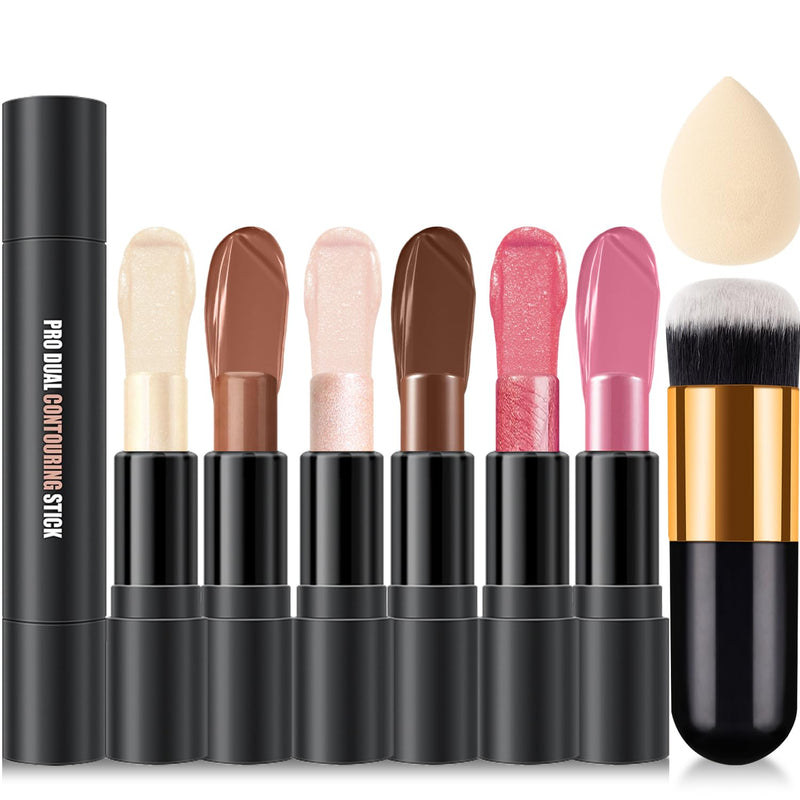 6 Colors Cream Contour Stick Makeup Kit,Shades with Highlighter,Blush,Bronzer Contour Stick for Sculpt the Cheeks,Long Lasting,Waterproof,Matte &