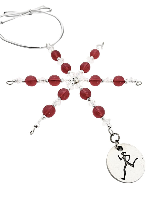 RUNNER GIRL Ornament - Beaded Snowflake Christmas Ornament/Gift Tag with round Pewter Runner Girl Charm with Jewelry Box