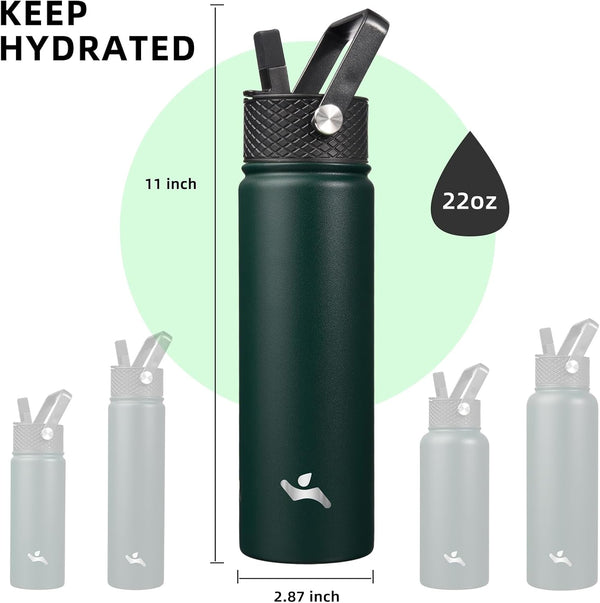 22Oz Stainless Steel Bottles with 3 Lids Sport Insulated Water Bottle,Army Green