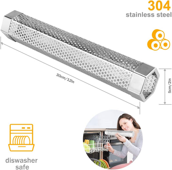 2 Pack 12'' Stainless Steel Pellet Smoker Tube, with Brush and Hooks | for 5 Hours Cold/Hot Smoking 2 Pack Smoker Tube