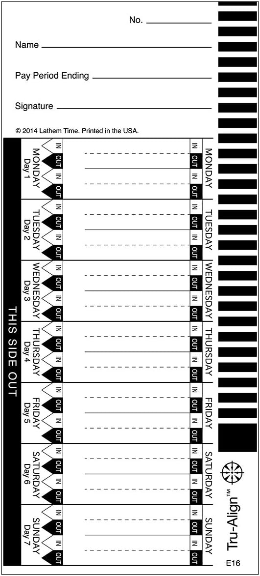 Lathem Trualign E16 Time Cards for 1600E, Weekly, 1-Sided, 4" X 9", White, Box of 100, (E16-100)