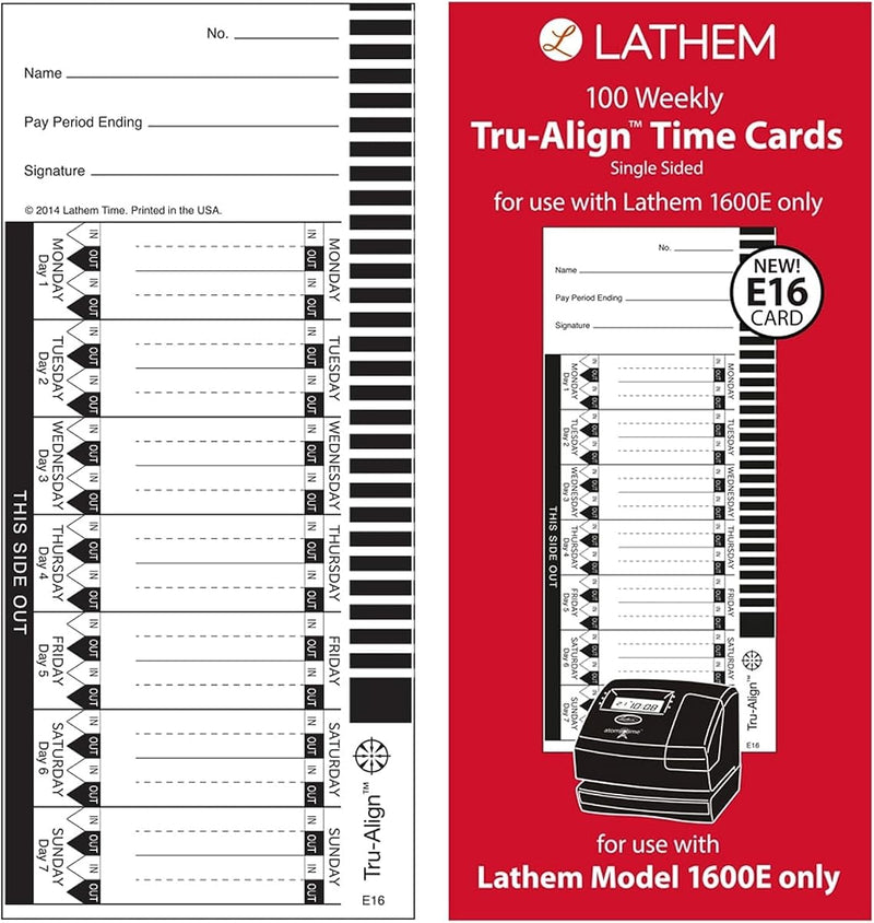 Lathem Trualign E16 Time Cards for 1600E, Weekly, 1-Sided, 4" X 9", White, Box of 100, (E16-100)