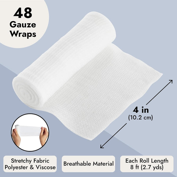 Juvale 4-Inch Gauze Bandage Roll - Soft Stretchy Fabric & Gauze Wrap - Breathable Textured Design for Secure Compression - Pack of 1, 48 Count