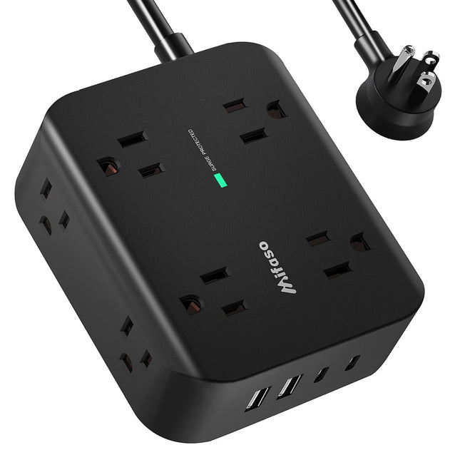 Power Strip Surge Protector - Flat Plug, Wall Mount, 8 Wide Outlets with 4 USB P