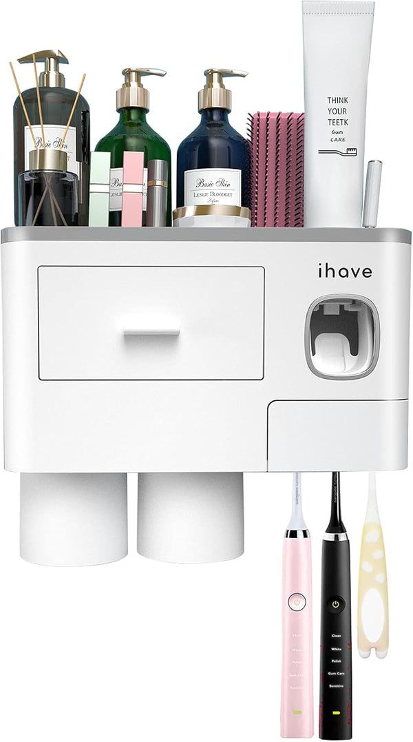 iHave Toothbrush Holders for Bathrooms, 2 Cups Toothbrush Holder Wall Mounted with Toothpaste Dispenser - Large Capacity Tray, Cosmetic Drawer -
