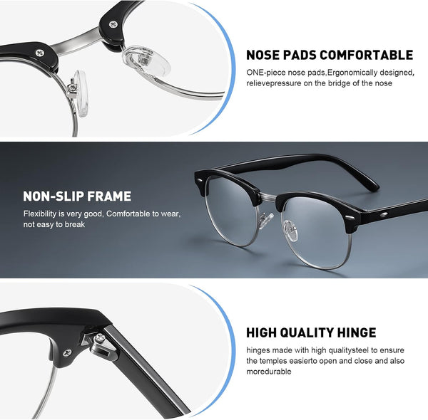 Blue Light Blocking Glasses Anti Eyestrain Computer Gaming Glasses | Vintage Half Frame UV Clear Lens for Women Men A01-matte Black Silver Frame 1