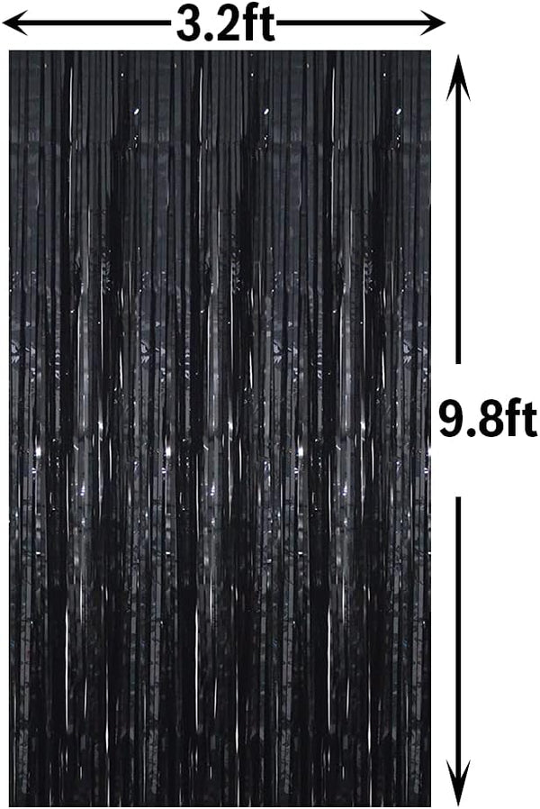 GOER 3.2 ft x 9.8 ft Black Photo Backdrop Party Streamers for Halloween,Birthday Party,1 Pack Black Metallic Tinsel Foil Fringe Curtains Party