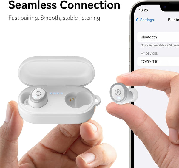 TOZO T10 Wireless Earbuds Powerful Bass Stereo Wireless Charging, APP, IPX8 Matte White