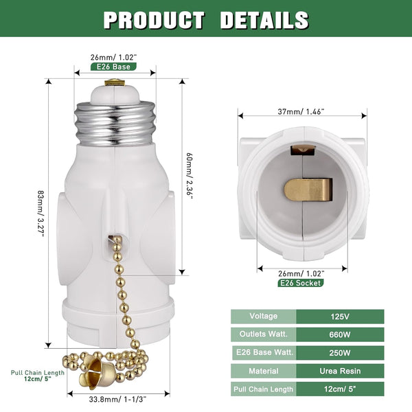 2-Pack E26 Light Socket Adapter - Converts Medium Screw Socket to Two Outlets With Pull Chain Switch - UL Listed, White