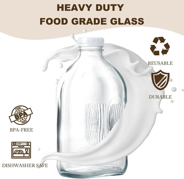 FyndraX Glass Milk Jugs Bottle - 64Oz Water Container with Airtight Screw Lid, Half Gallon Juice Jar Pitcher for Storage Iced or Hot Drinks in