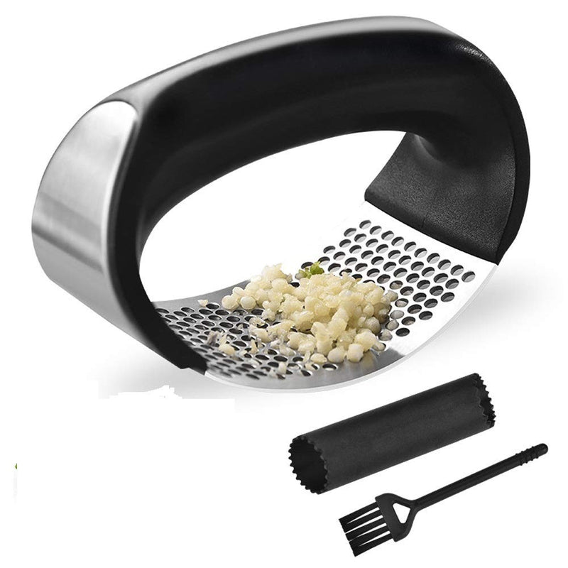 Garlic Press Rocker Stainless Steel Ginger Crusher Squeezer Kitchen Gadget with Ergonomic handle, Silicone Tube Garlic Peeler and Cleaning Brush