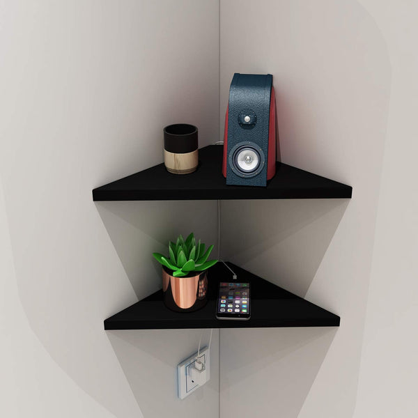 evron Corner Mounting Shelf Set of 2 – Easy to Install Floating Wall Shelves with Wood Grain Finish, Durable and Waterproof ABS Plastic for