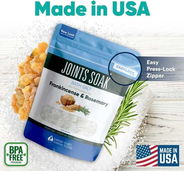 Joints Soak Bath Salt 32 Ounces Epsom Salt with Natural Rosemary, Frankincense and Peppermint Essential Oils Plus Vitamin C in BPA Free Pouch with