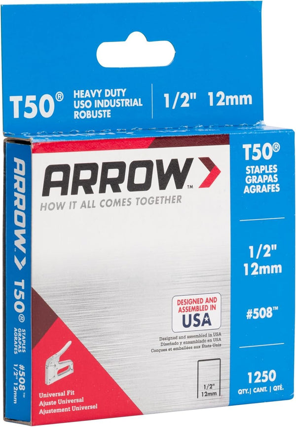 Arrow 508 Heavy Duty T50 1/2-Inch Leg Length, 3/8-Inch Crown, Staples for Upholstery, Construction, Furniture, Crafts, 1250 Count(Pack of 1) |