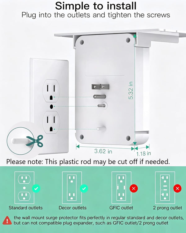 Wall Outlet Extender with Surge Protector, 6 AC Outlets, with Shelf 3 USB White