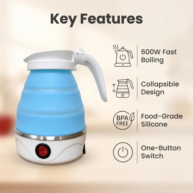 0.6L Small Travel Foldable Electric Kettle Collapsible Coffee Tea Kettle | Automatic Shut-Off,Portable Foldable,Easy Storage Blue