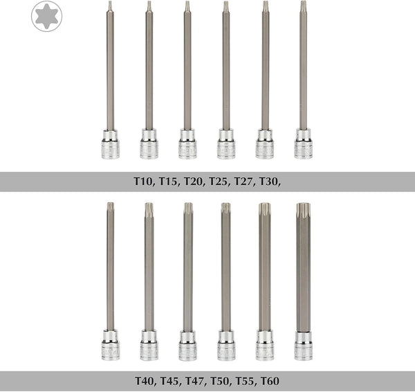EMENTOL 12PCS 3/8" Drive Extra Long Torx Bit Socket Set, CR-V, S2 Steel, 5.9" Length Star Bit Socket Set, T10 - T60 12PCS Extra Long Torx Bit