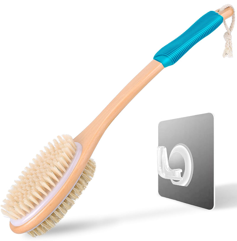 Long Handle Ergonomically Back Scrubber/Brush for Shower, Double Sided Exfoliating Body Scrubber for Women and Men (Blue)