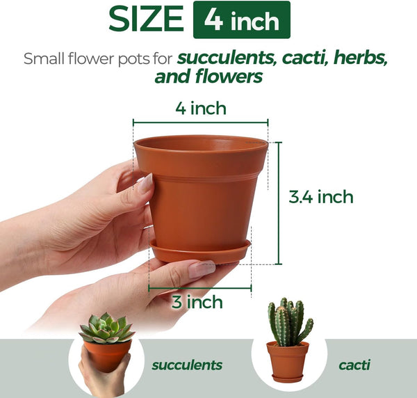 T4U 4 Inch Plant Pots 18-Pack, Small Flower Pots with Saucer and Drainage Hole, Durable Plastic Pots, Nursery Small Flower Pot Bulk for Plants,