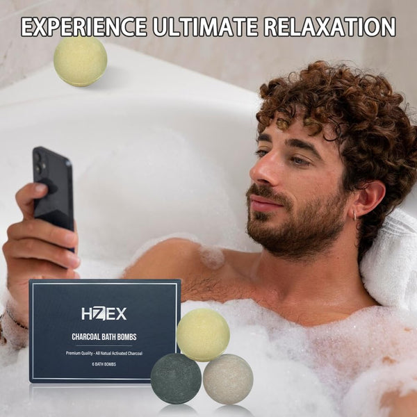 Bath Bombs, HZEX 6 Large Natural Luxury Charcoal Bathbomb Fizzes for Men Women, Organic Bath Bomb with Essential Oils and Shea Butter, Stress