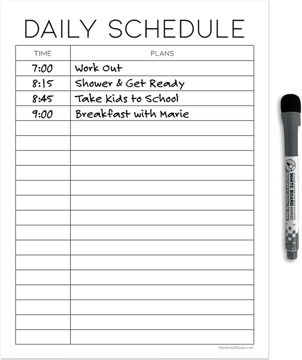 Dry Erase Daily Schedule Planner Sticker Decal by Glassboard Studio | Removable & Reusable | Magnetic Fine-Tip Marker Included (9 x 12 inches,