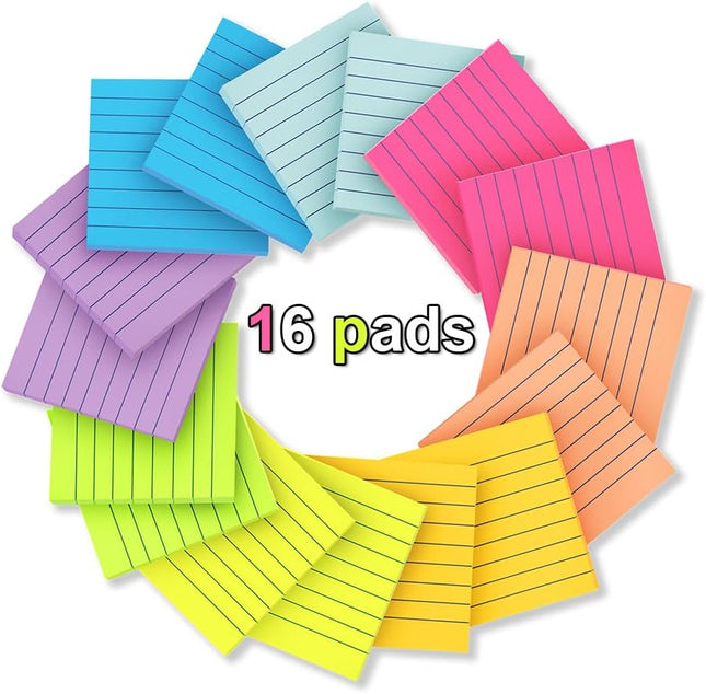 (16 Pack) Lined Sticky Notes 3x3 in Ruled Stickies Super Sticking Power Memo Pads Bright Colors, Post on Windows Doors,Recyclable,Easy to Write on